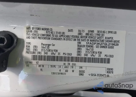 2016 Ford Focus Se z USA, uszkodzony, nr VIN 1FADP3K27GL219629